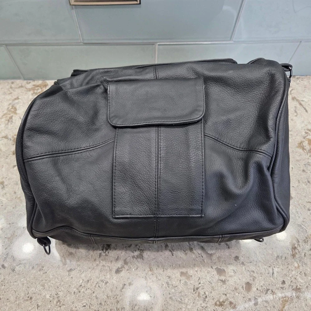 NEW Black Leather Motorcycle Saddle Bag Travel Weekend Overnight Pockets